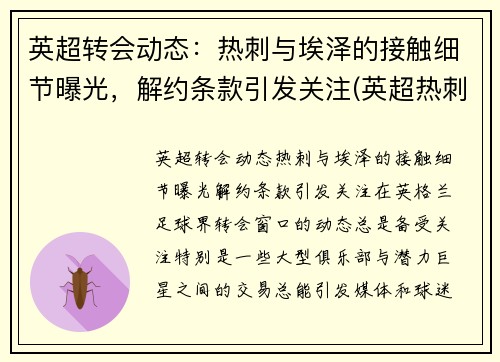 英超转会动态：热刺与埃泽的接触细节曝光，解约条款引发关注(英超热刺比赛推迟)